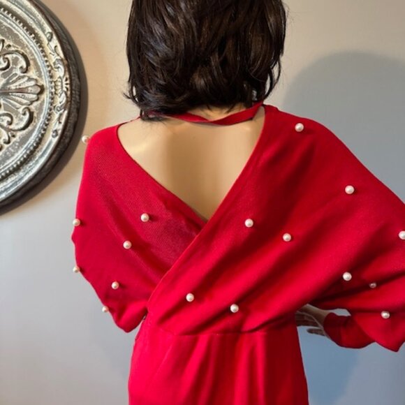 IMMODEL RED MINI KNIT X NECKLINE DRESS WITH PEARLS W/DOLMAN SLEEVES - SZ L - Picture 4 of 4